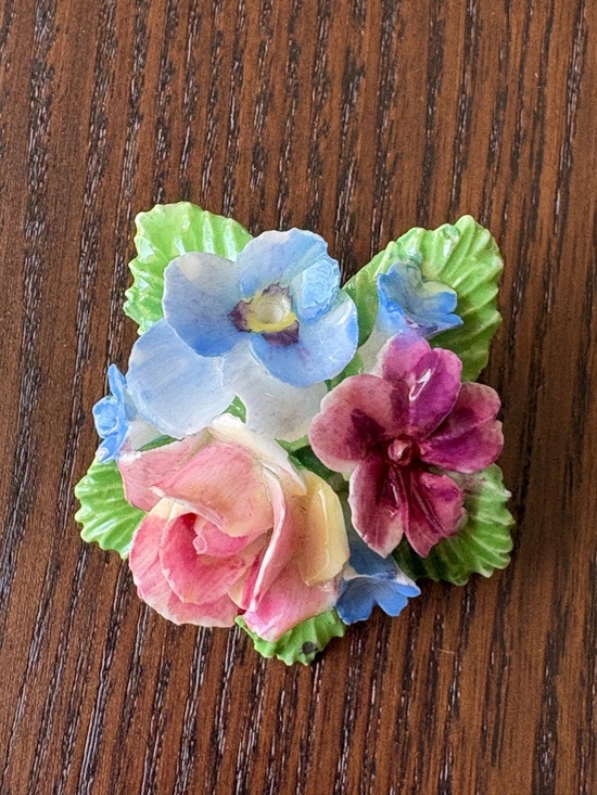 Jewelry - Vintage Flower Brooch English Porcelain MidCentury, Rose and Pansy Pin